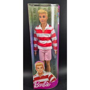 Barbie Ken Doll With Blonde Hair Red & White Striped Rugby Shirt Pink Shorts Box